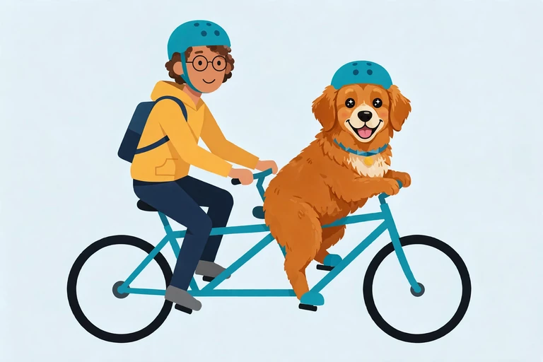 A helmeted rider and golden retriever riding a teal tandem bicycle, the TandemPaws mascots