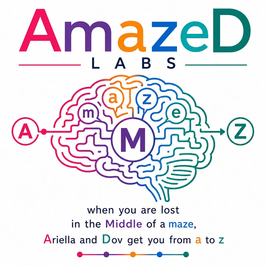 Amazed Labs concept illustration: a brain drawn as a maze, with a path running from a circled A on the left, through a central M, to a circled Z on the right — under the AmazeD Labs wordmark and the line “when you are lost in the Middle of a maze, Ariella and Dov get you from a to z”.